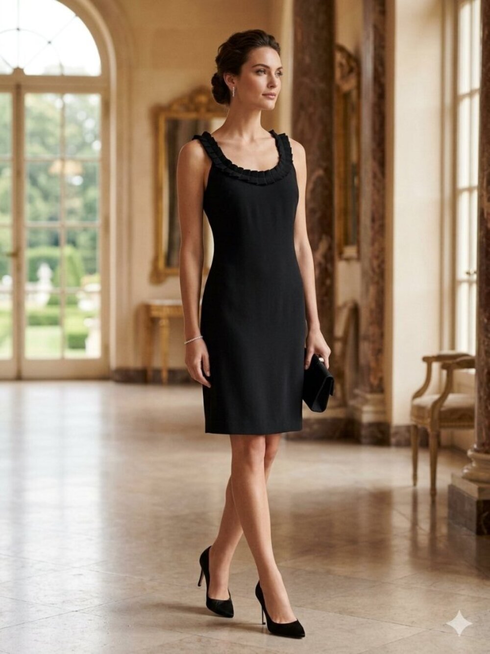 Misook Black Sleeveless Ruffle Neck Acrylic Dress XS
